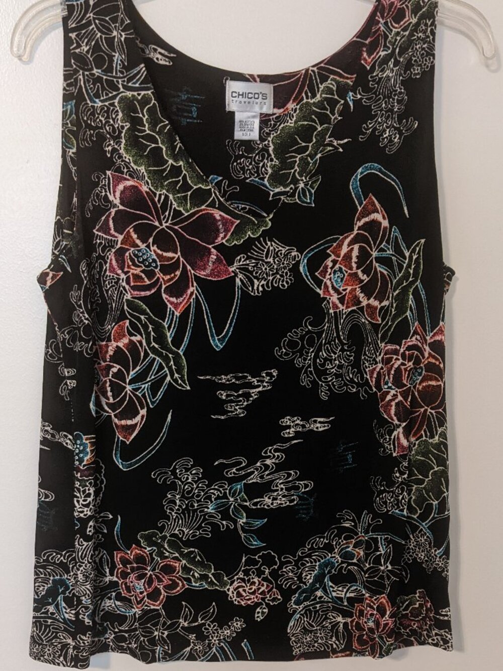 Chico's Travelers Cami Tank Top Size 3 Black Floral Stretch
